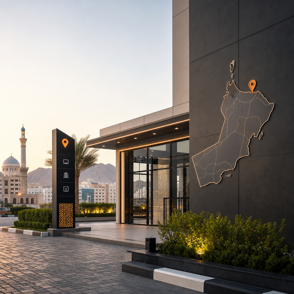 Refined map-inspired panel showing Ruwi district context with architectural lines, route curves, and subtle Oman-themed corporate location markers