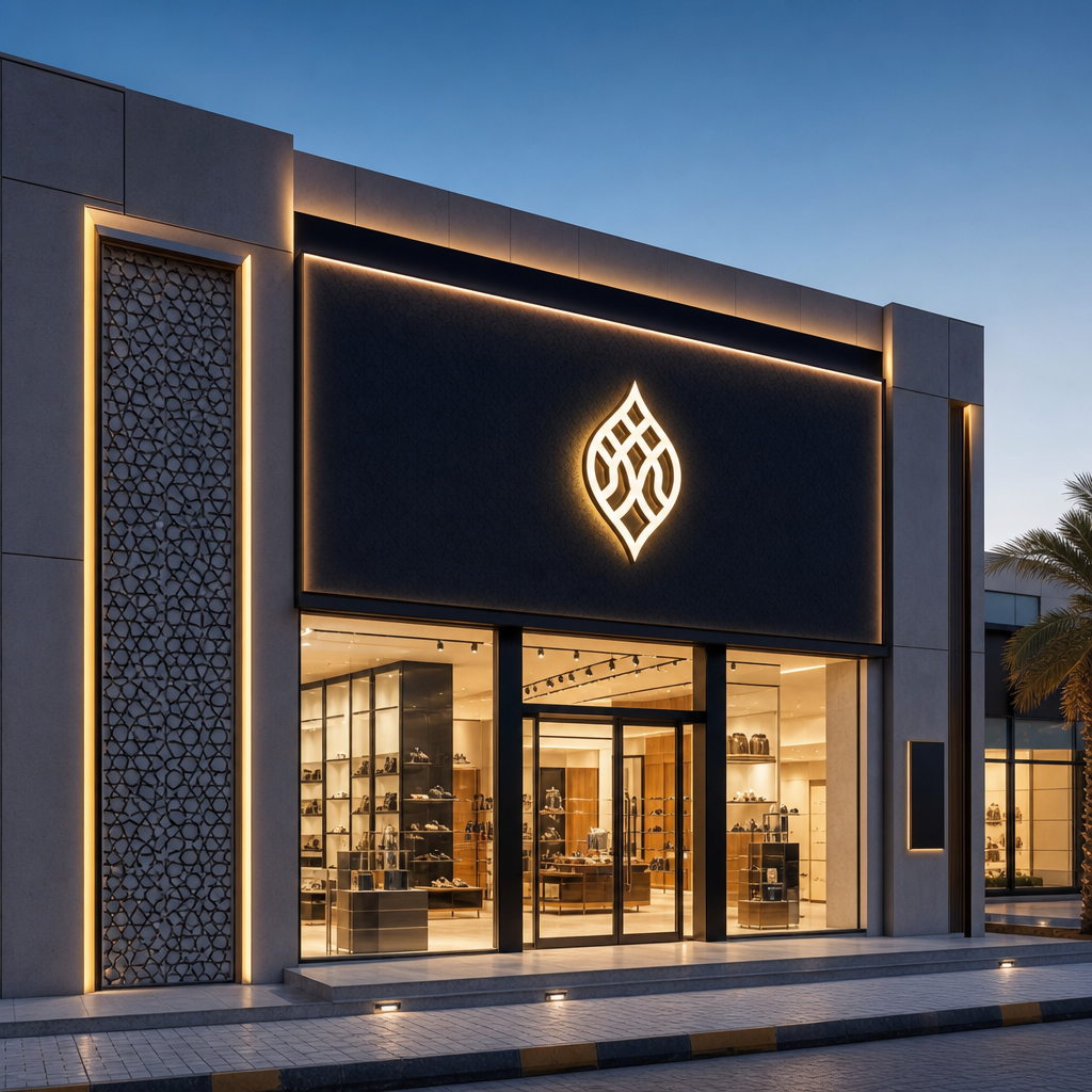 Large illuminated retail signboard on a contemporary Oman storefront at dusk