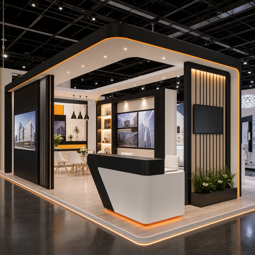 Custom exhibition booth build with branded structures, lighting, and visitor-ready presentation