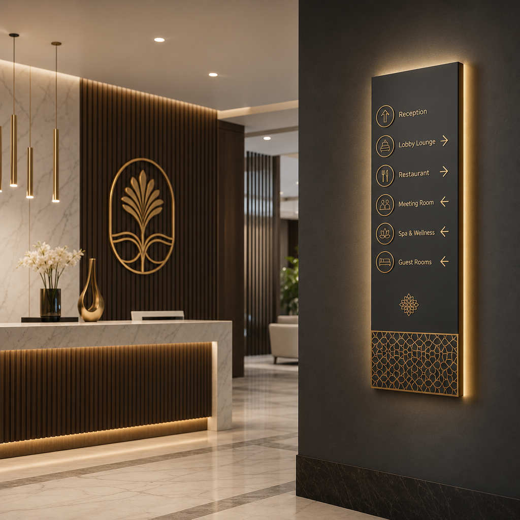 High-end hotel wayfinding and reception branding with refined metallic finishes