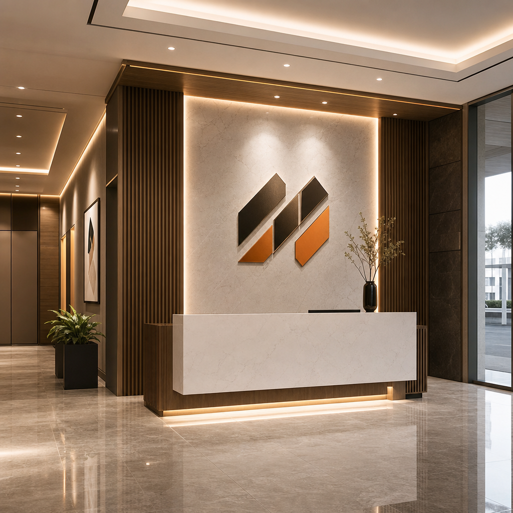 Corporate lobby interior fit-out with branded wall detailing, warm lighting, and polished materials