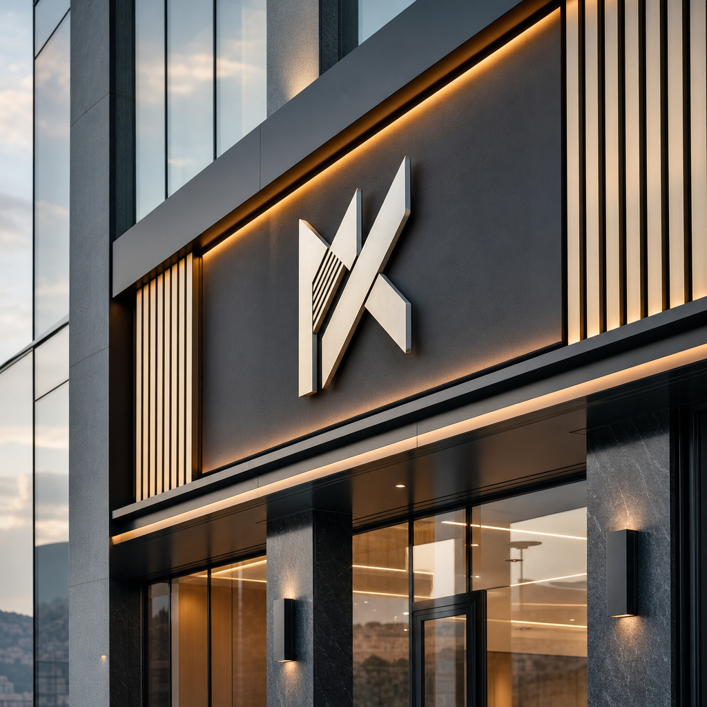 Polished commercial signage and branding installation in Oman with premium metal and glass finishes, clean architectural storefront lines, professional evening lighting, and a realistic business environment