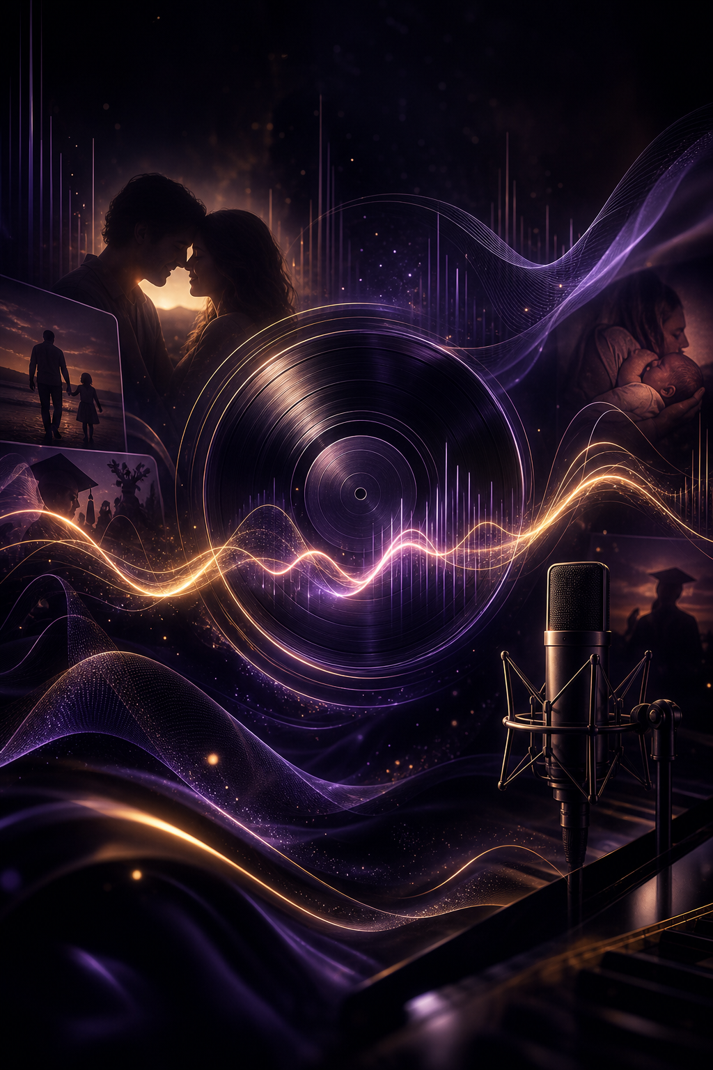 Ilustración premium abstracta con ondas de sonido, trazos de luz y estética de dedicatoria musical emotiva