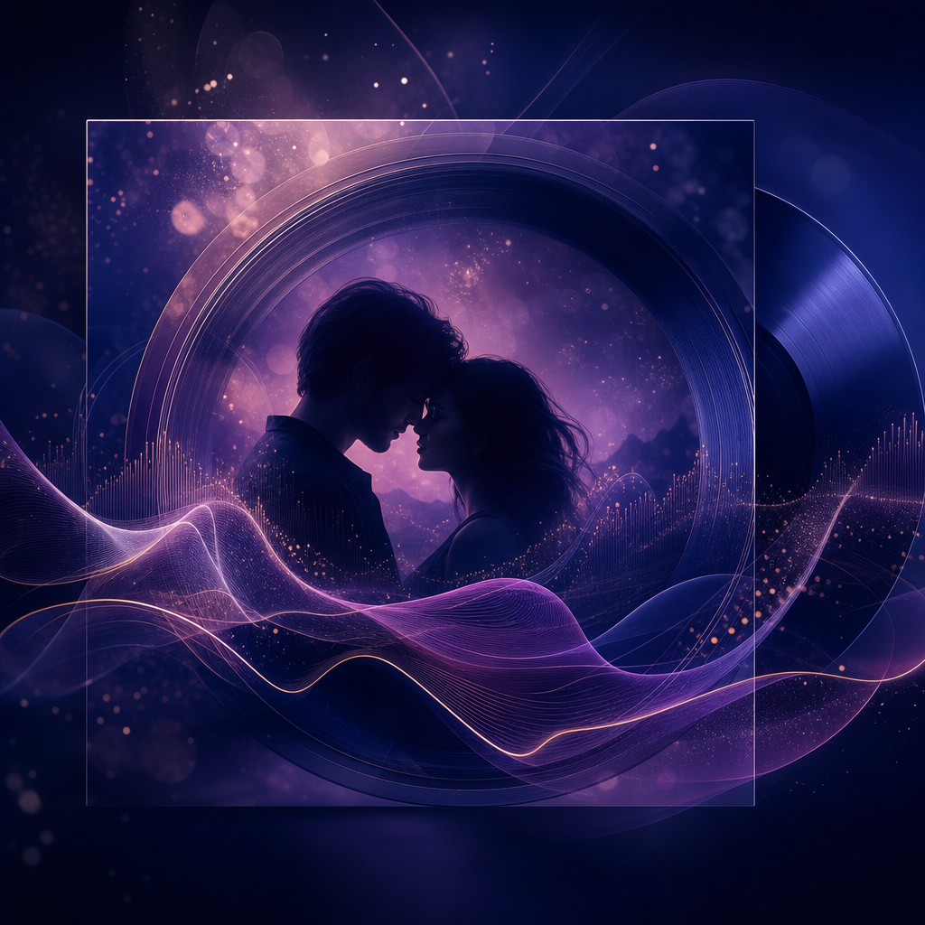 Portada abstracta premium en tonos violeta y azul con ondas de audio luminosas para muestra romántica