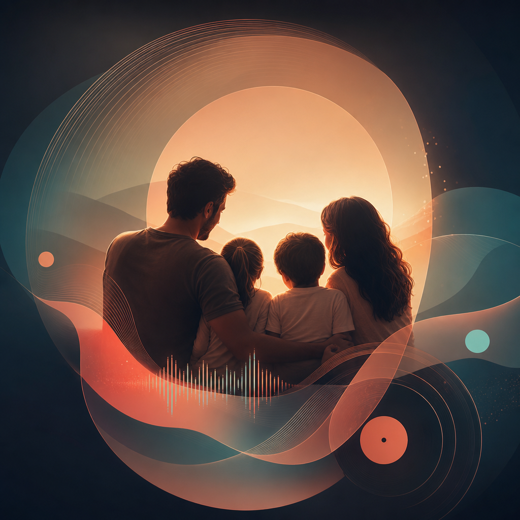 Ilustración musical moderna con formas cálidas coral y turquesa para dedicatoria familiar