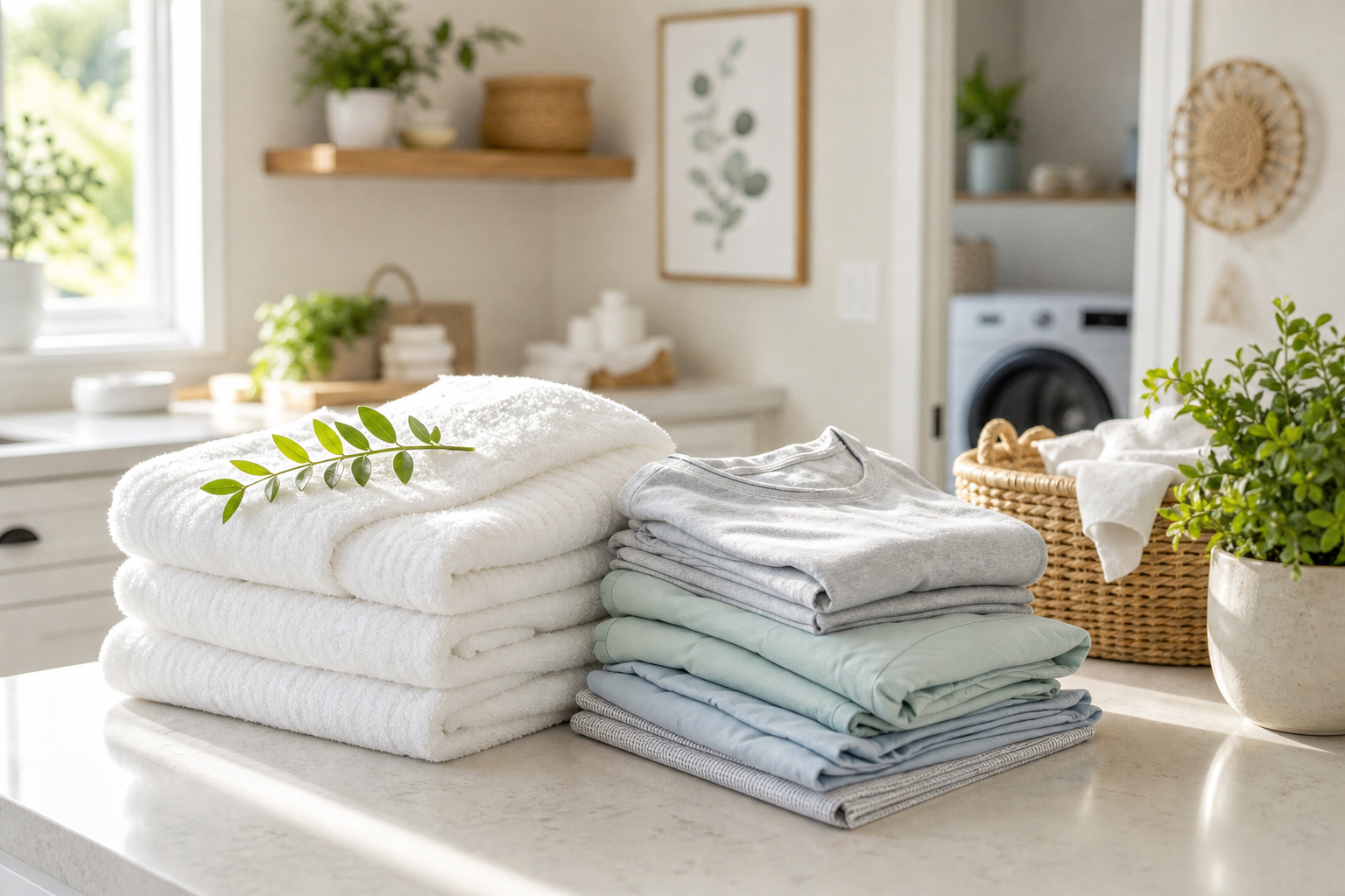 Bright natural-light scene with fresh folded laundry in a tidy and welcoming home interior