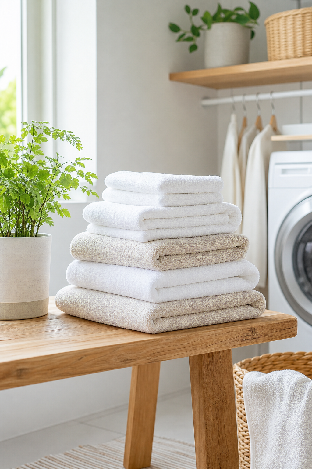 Neatly folded white and light-beige towels on a wooden bench in a bright, calm home laundry corner with soft daylight and a small green plant