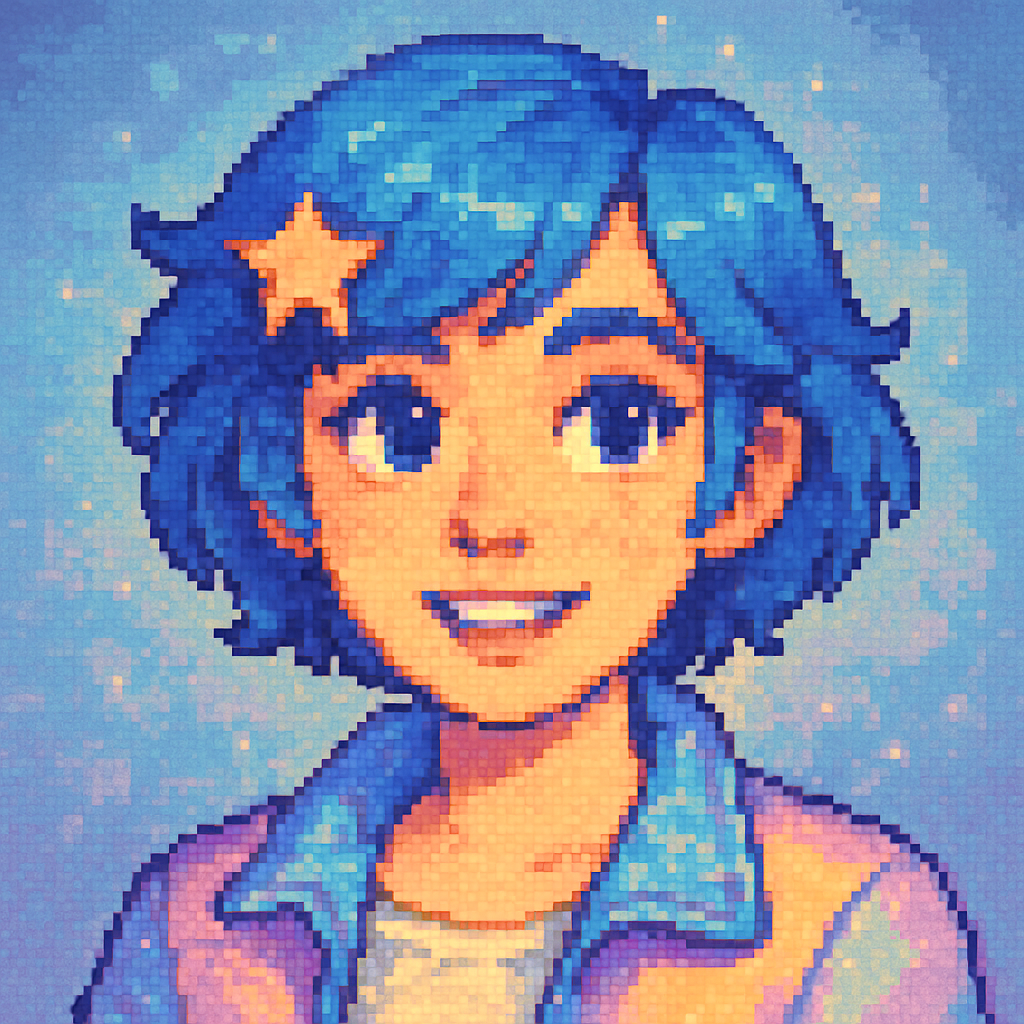 Retro pixel art avatar of a woman with short blue hair, golden star clip, and pastel jacket