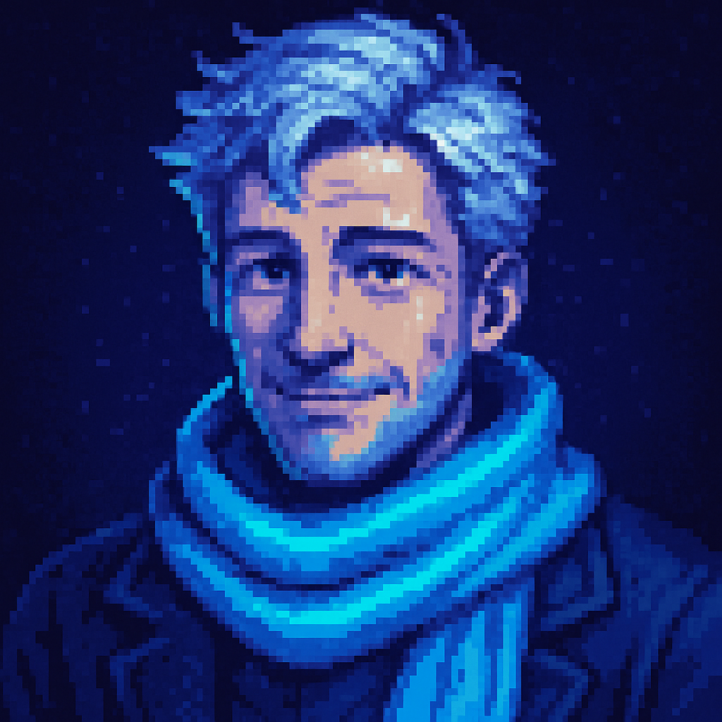 Retro pixel art avatar of a man with silver hair, neon blue scarf, and soft grin