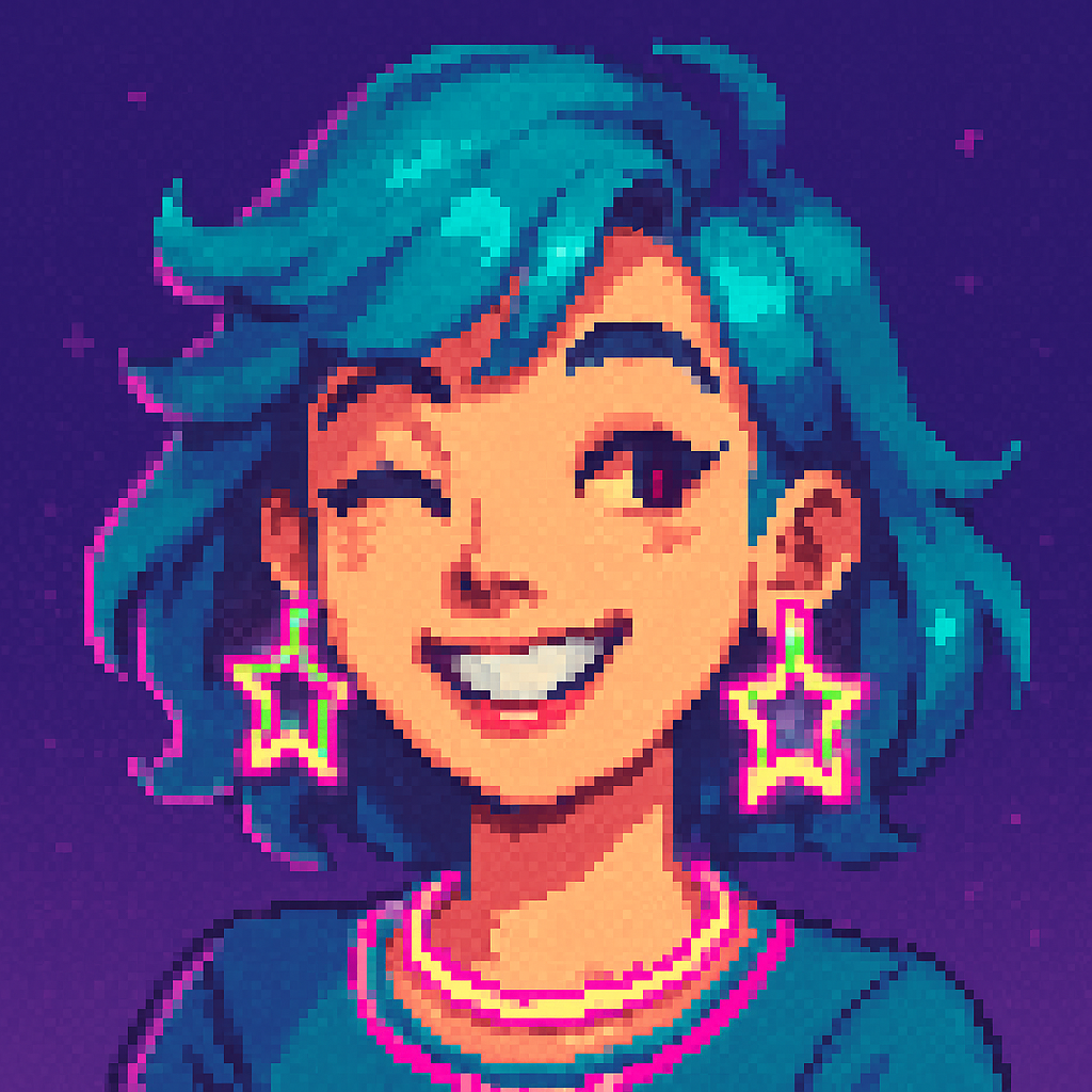 Retro pixel art avatar of a smiling woman with teal hair and star-shaped earrings
