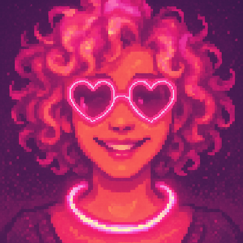 Retro pixel art avatar of a woman with pink curls, heart-shaped glasses, and a glowing collar