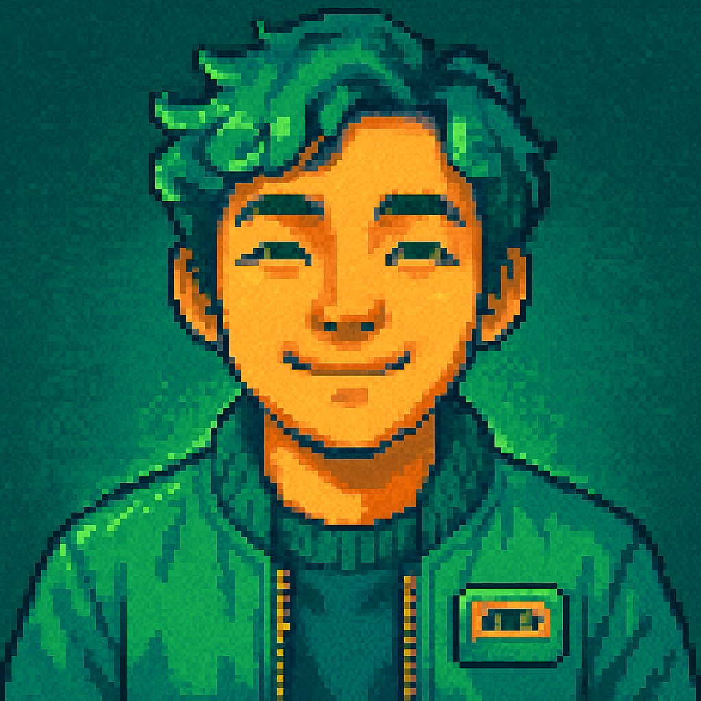 Retro pixel art avatar of a person with a green bomber jacket, cassette icon pin, and warm smile