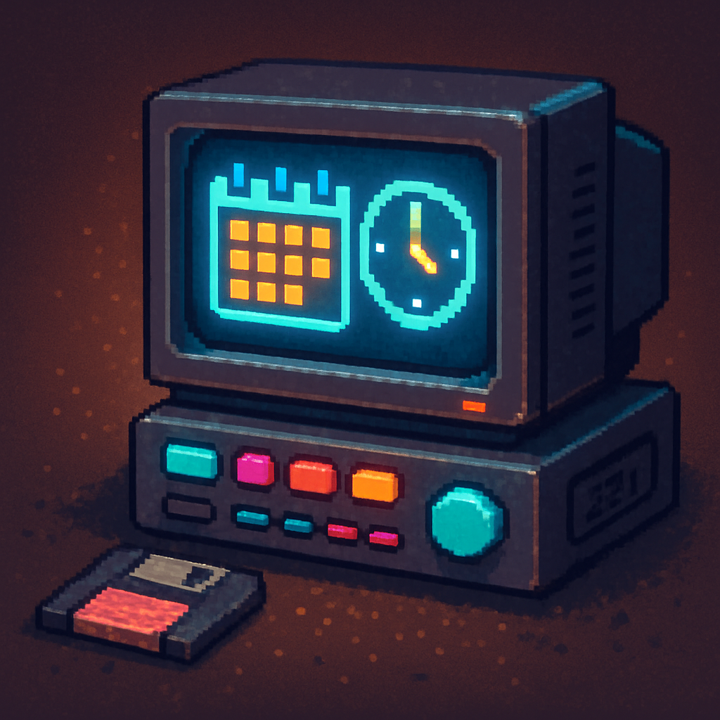 Pixel art retro console with calendar and clock icons