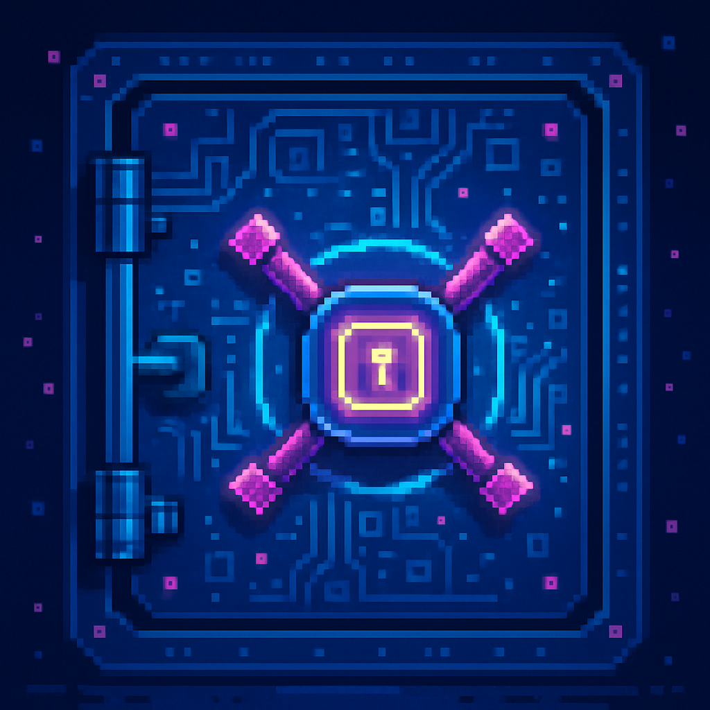 Retro vault with neon lock and pixel accents