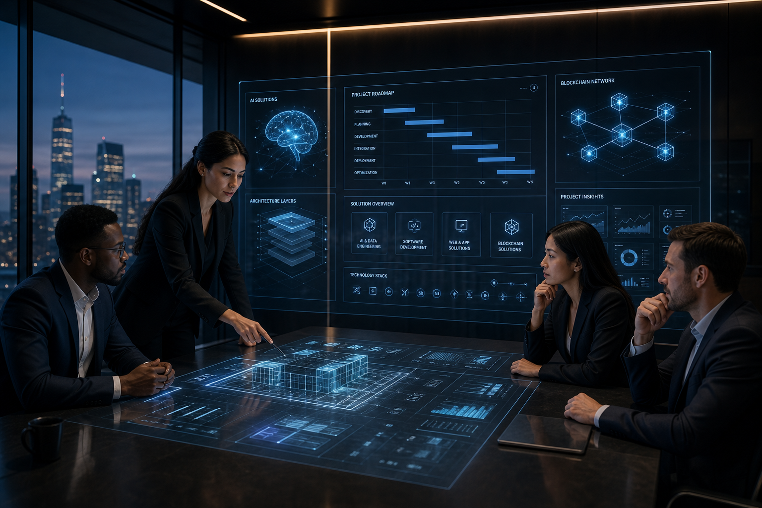 Executive AI strategy team reviewing a holographic project dashboard in a premium dark office with city lights