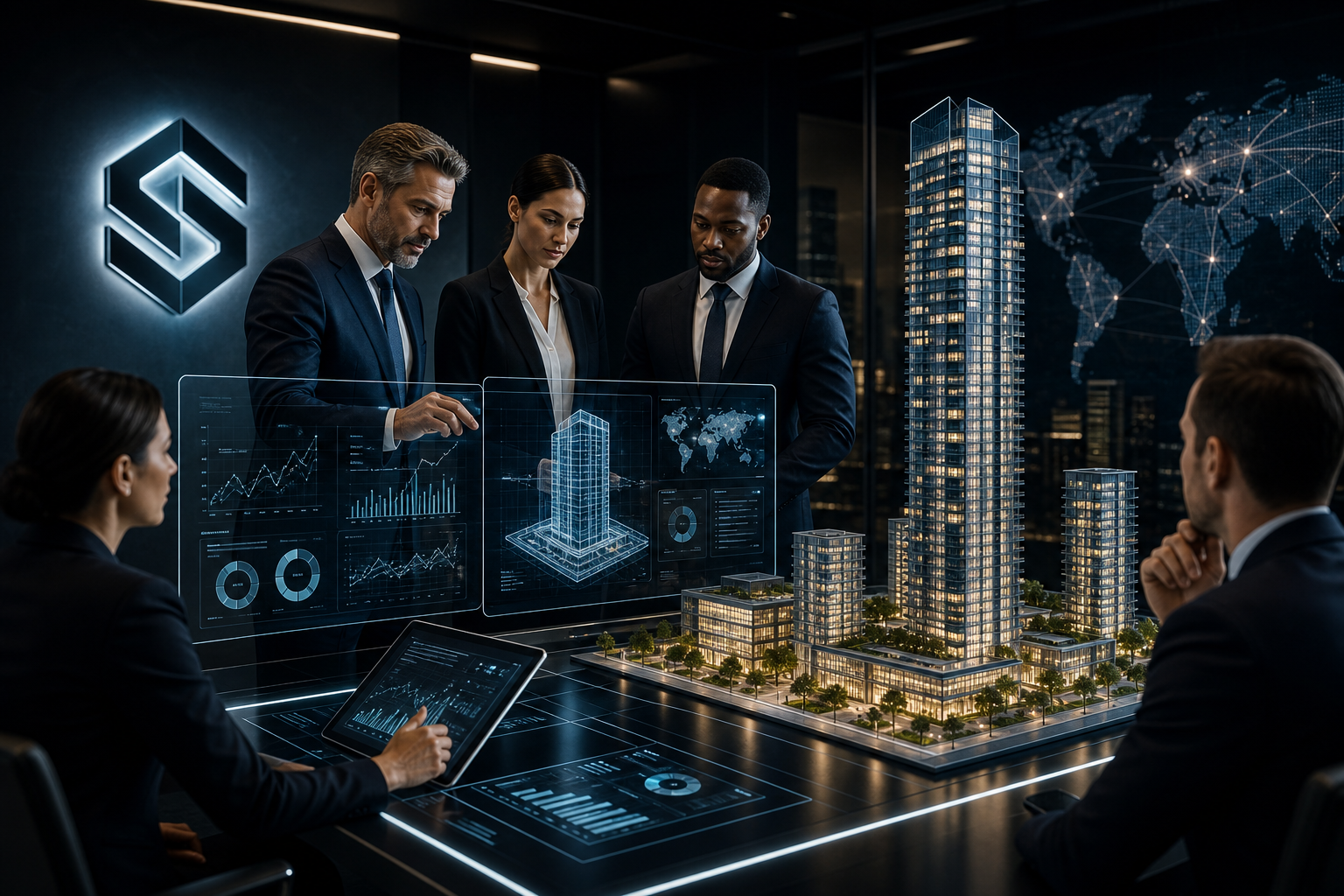executives reviewing AI-powered capital allocation dashboards with a luxury city real estate development model in a dark modern boardroom