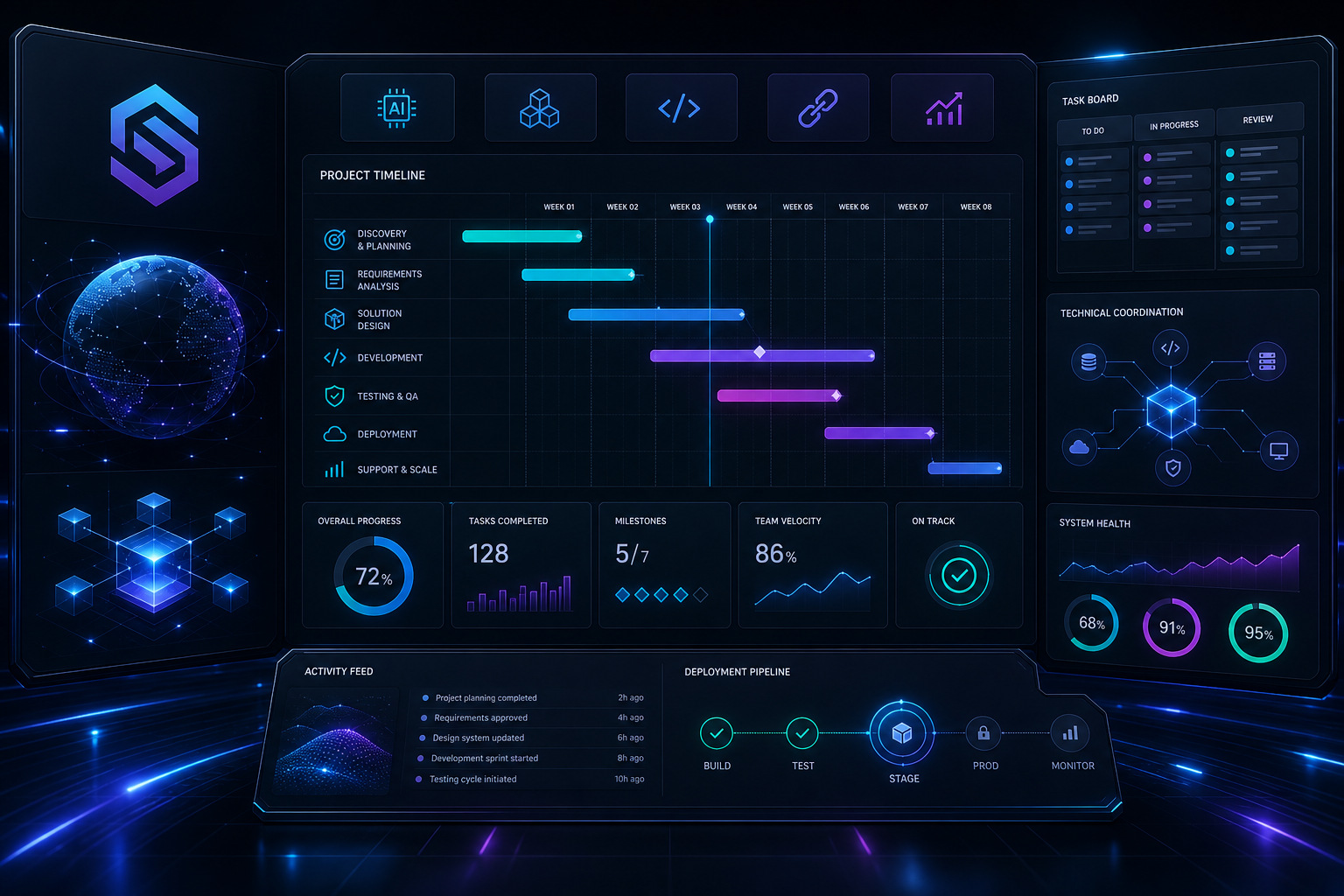 Project delivery control room dashboard with planning timeline, technical workflow cards, and coordination metrics on dark interface