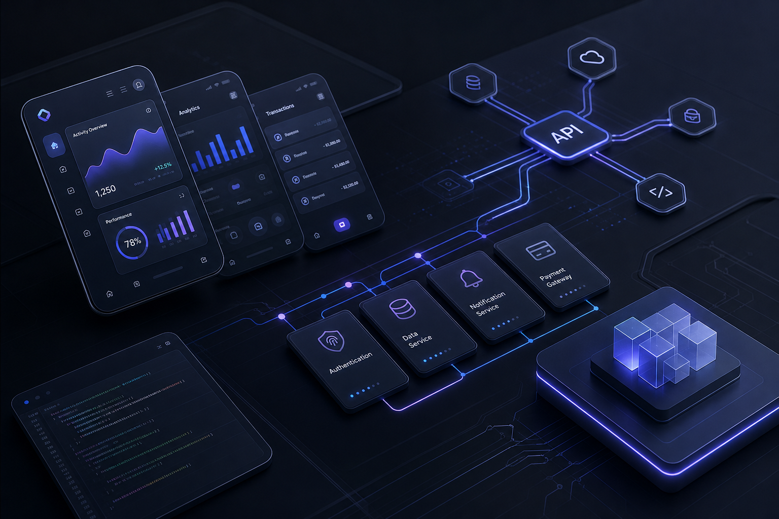 Software product interface screens and connected system modules in a sleek AI-driven workspace