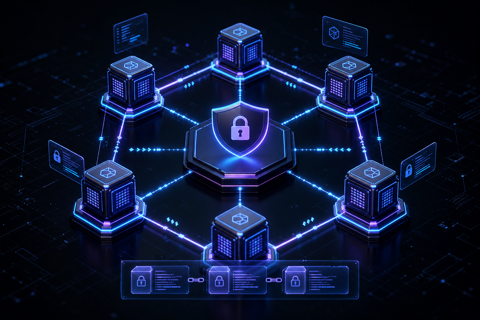 Secure blockchain network nodes and encrypted transaction pathways in a futuristic digital infrastructure