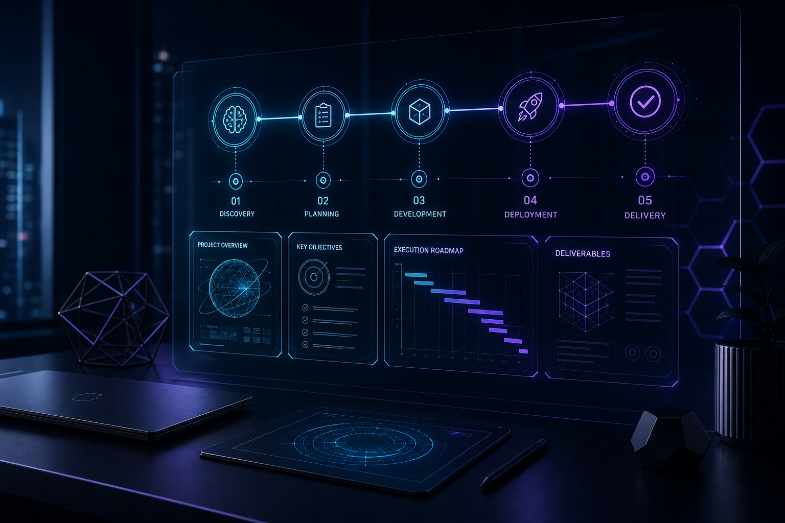 Futuristic project consultation dashboard with planning timeline and execution milestones