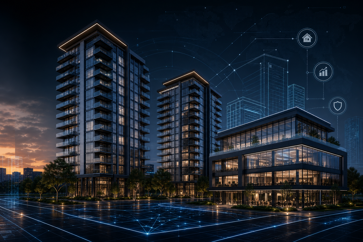 Modern real estate development towers with clean architectural lines and smart city planning accents