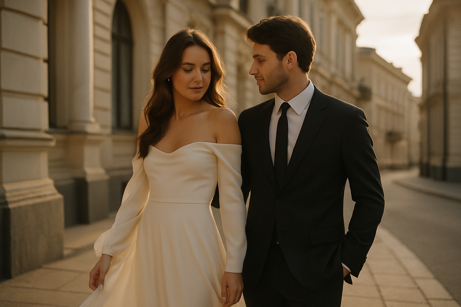 Elegant couple portrait in Kyiv with soft evening light and timeless editorial style