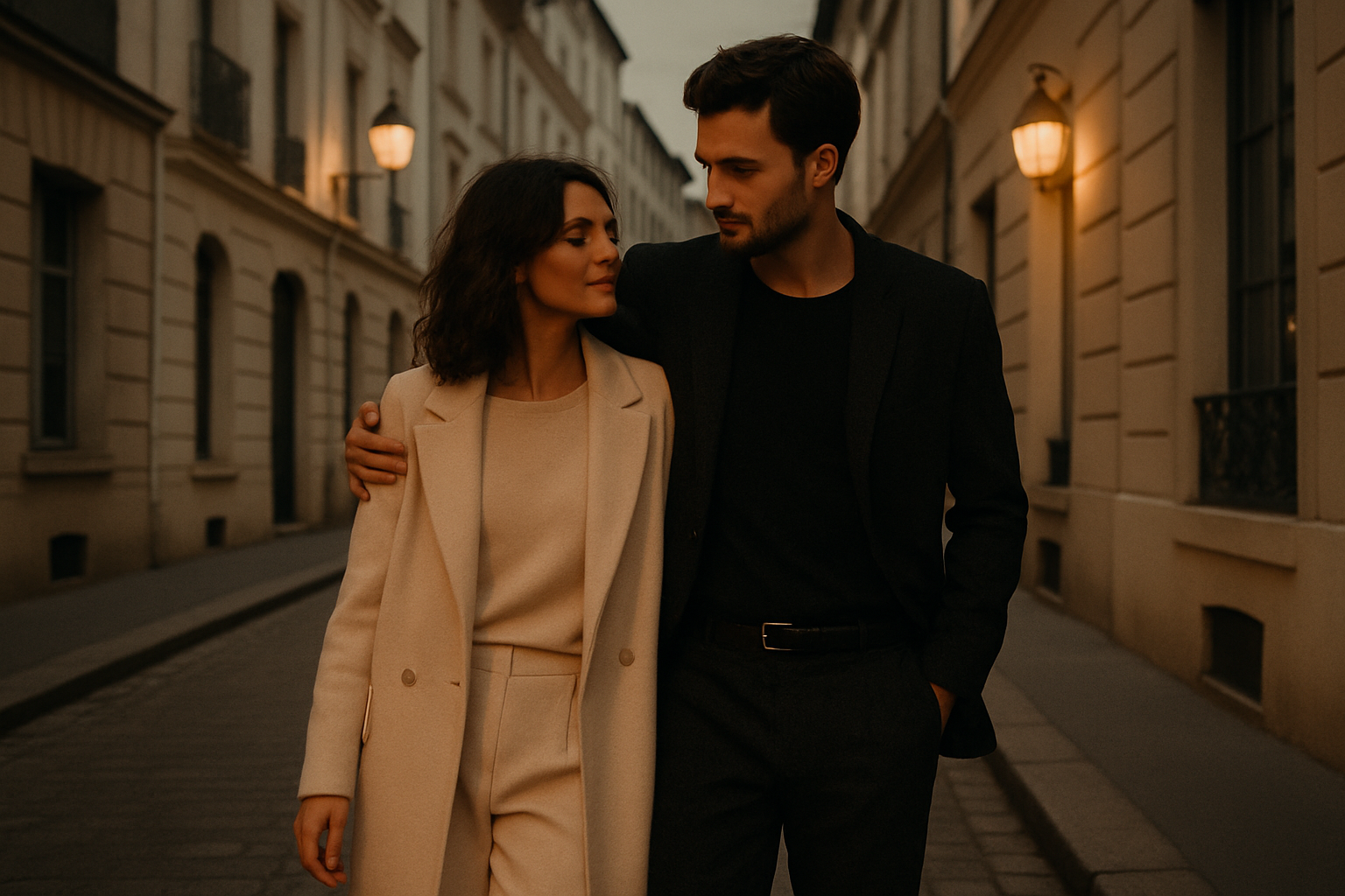 Couple walking together through a quiet city street in evening light