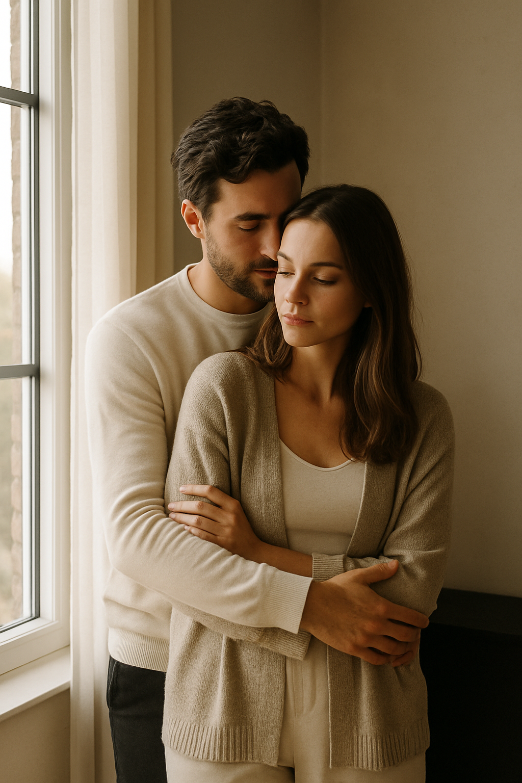 Intimate couple portrait beside a large window with soft morning light