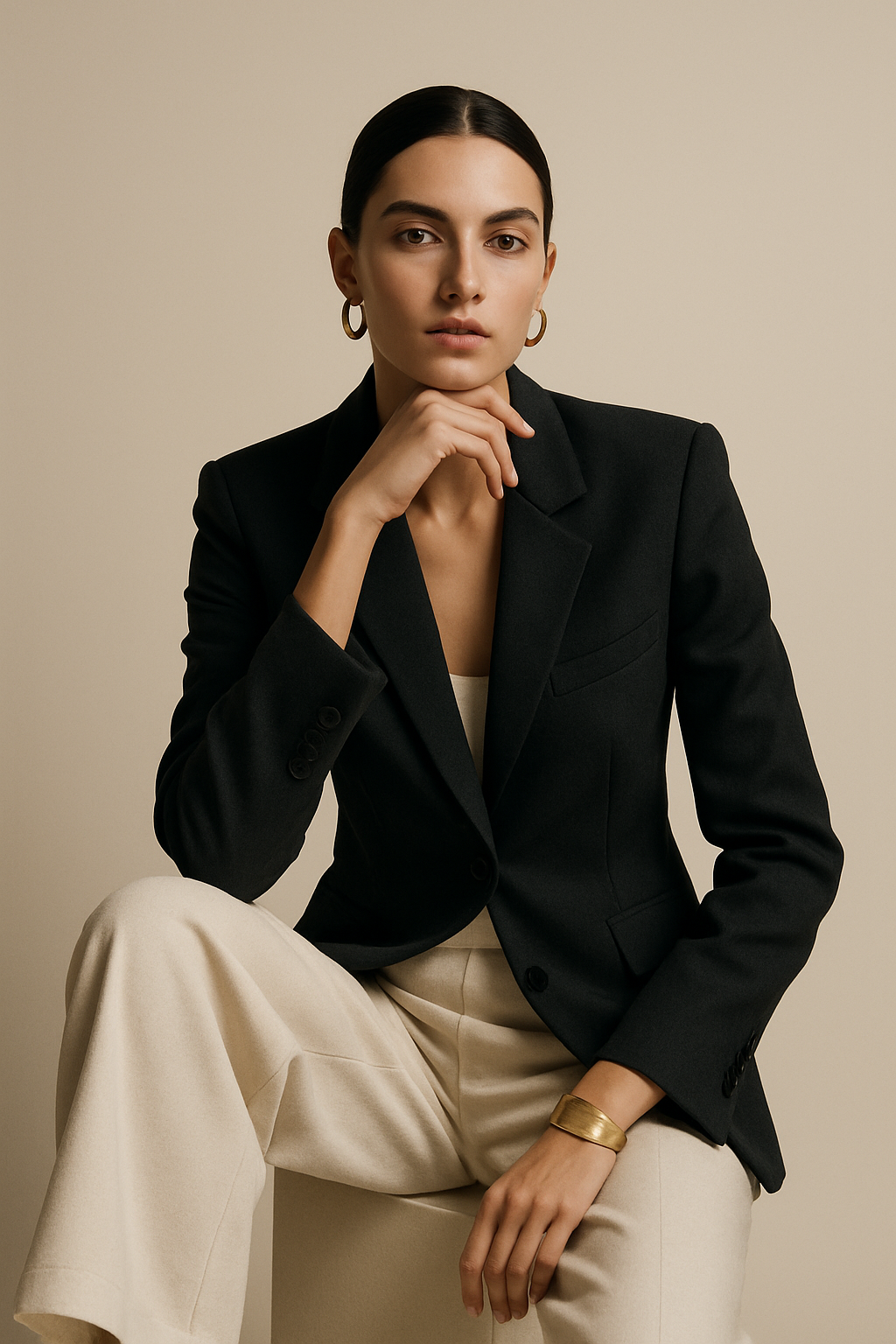 Editorial portrait of a model in a minimalist studio with soft shadows