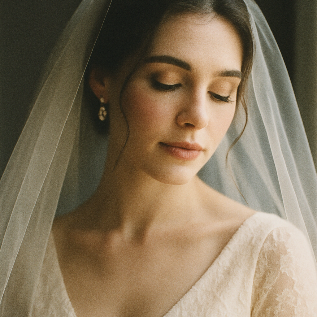 Close portrait of a bride with natural film grain and gentle highlight bloom