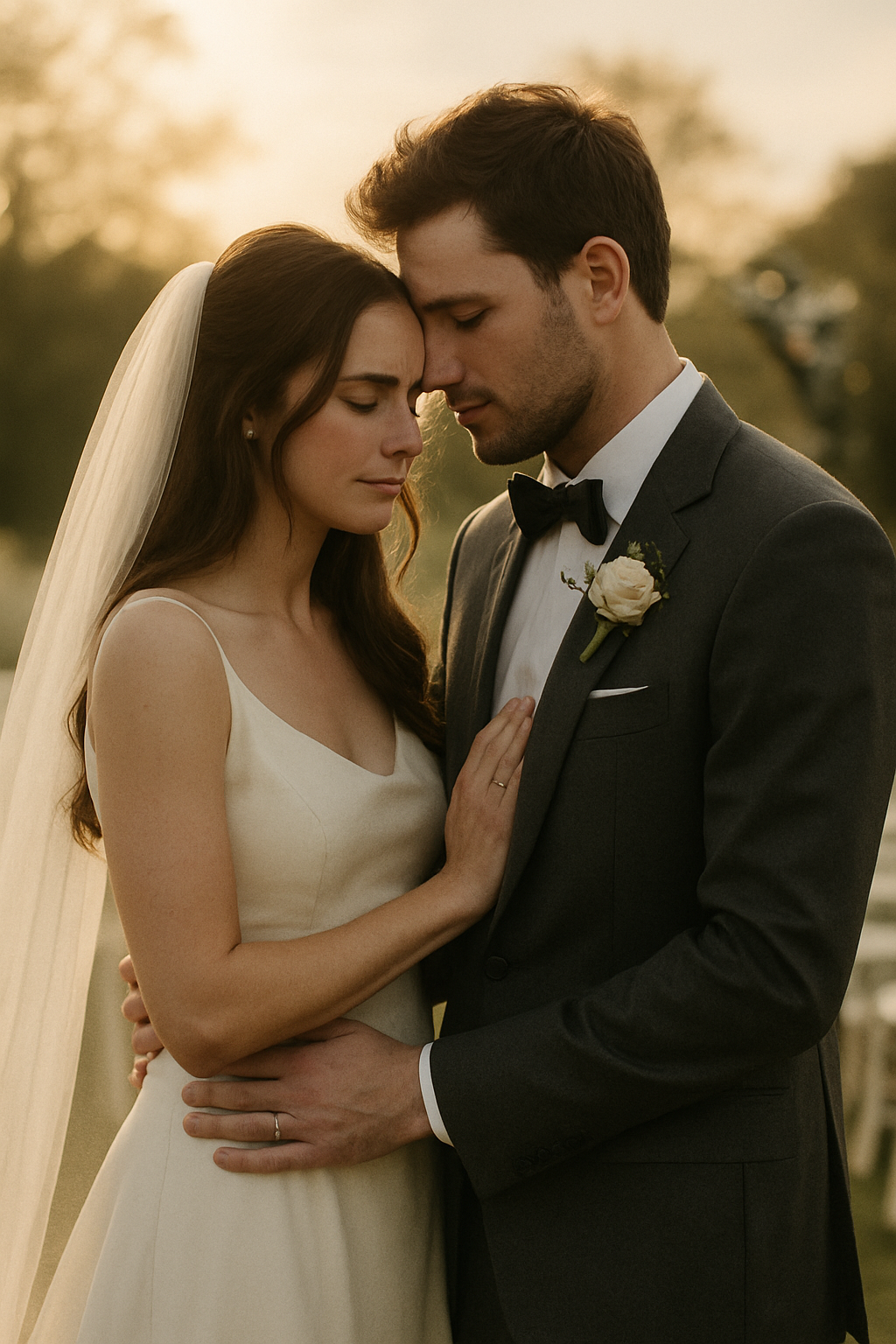 Bride and groom standing close during an outdoor ceremony at sunset