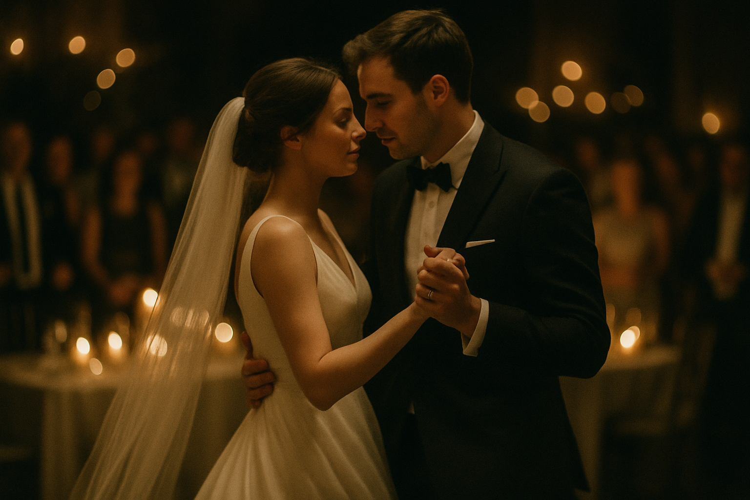 Bride and groom dancing during a candlelit reception with guests blurred behind