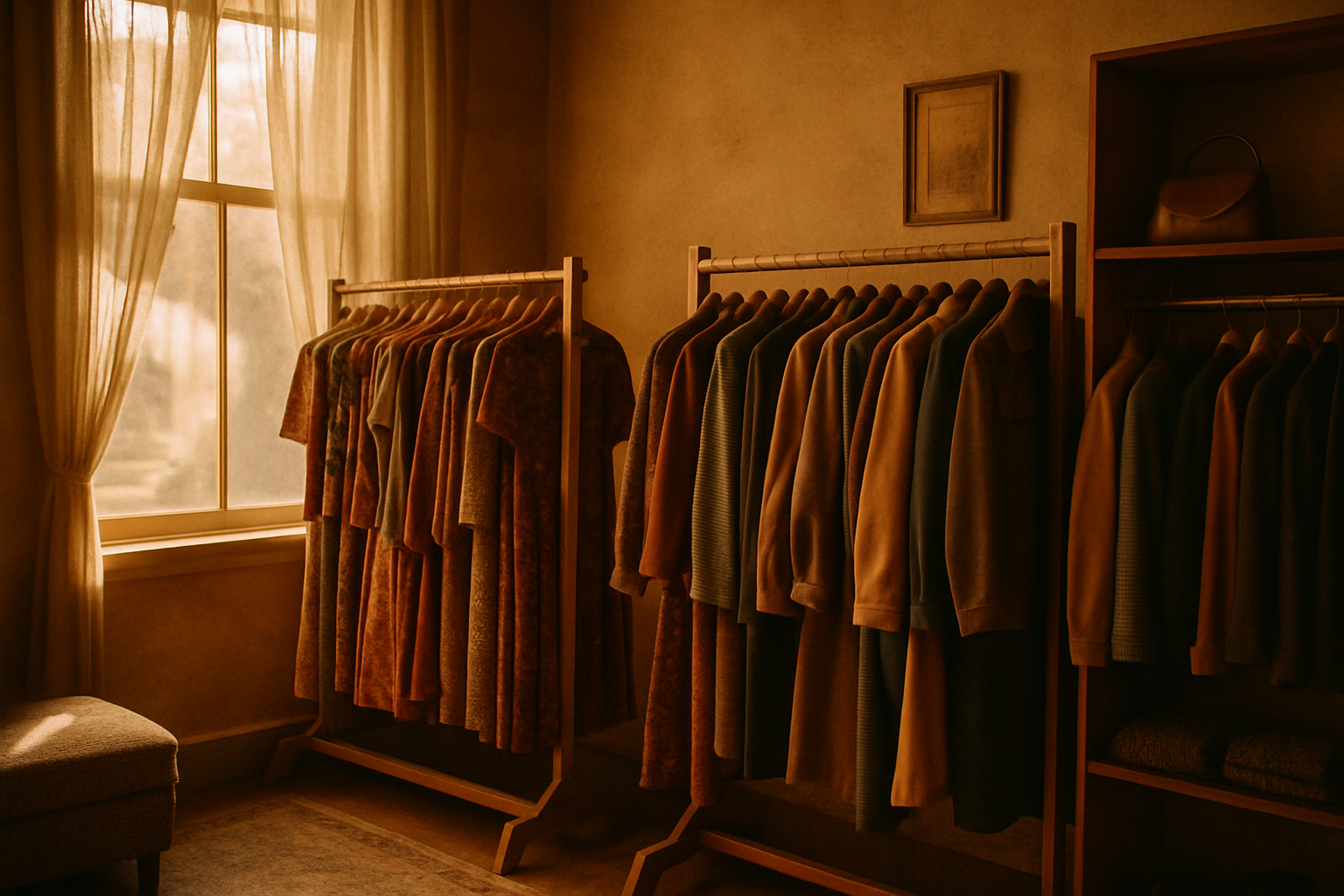 Warmly lit vintage boutique interior with wooden racks, retro dresses, and sunlight filtering through sheer curtains