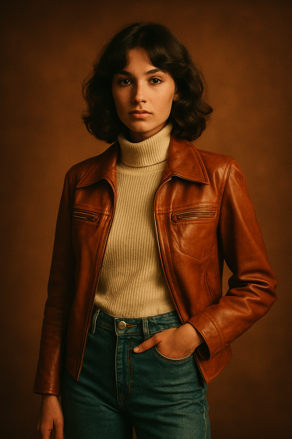 Retro fashion editorial featuring a model in a caramel leather jacket and high-waisted denim against a warm film backdrop
