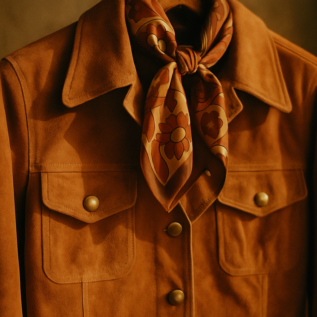 Close-up of a caramel suede jacket with brass buttons and a 1970s patterned silk scarf tied at the collar