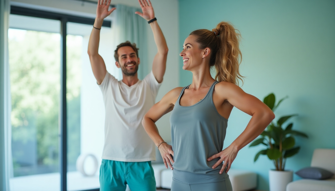 Uplifting fitness coach guiding a client during a modern workout session