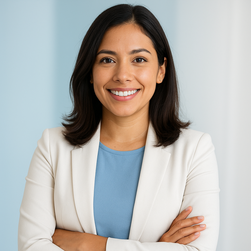 Portrait of a confident Latina professional with shoulder-length dark hair