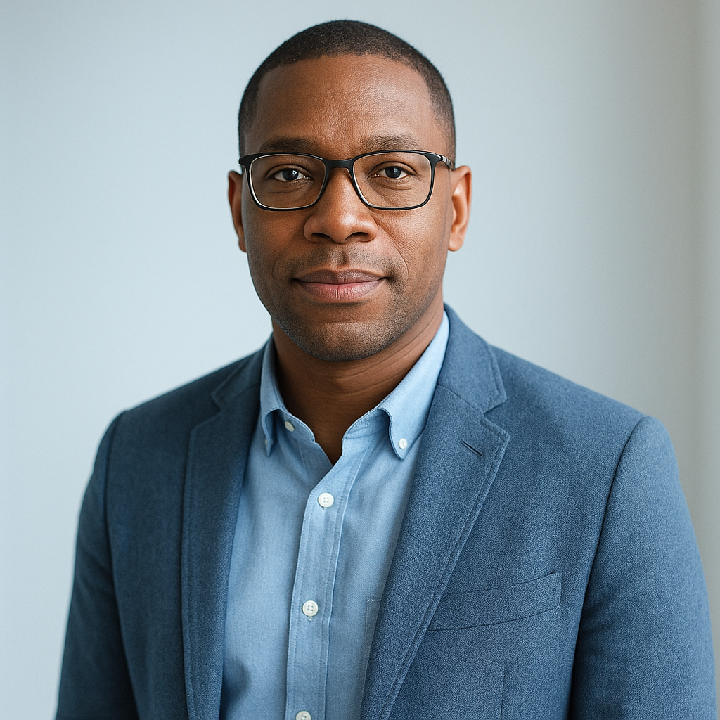 Portrait of a Black male professional with short hair and glasses