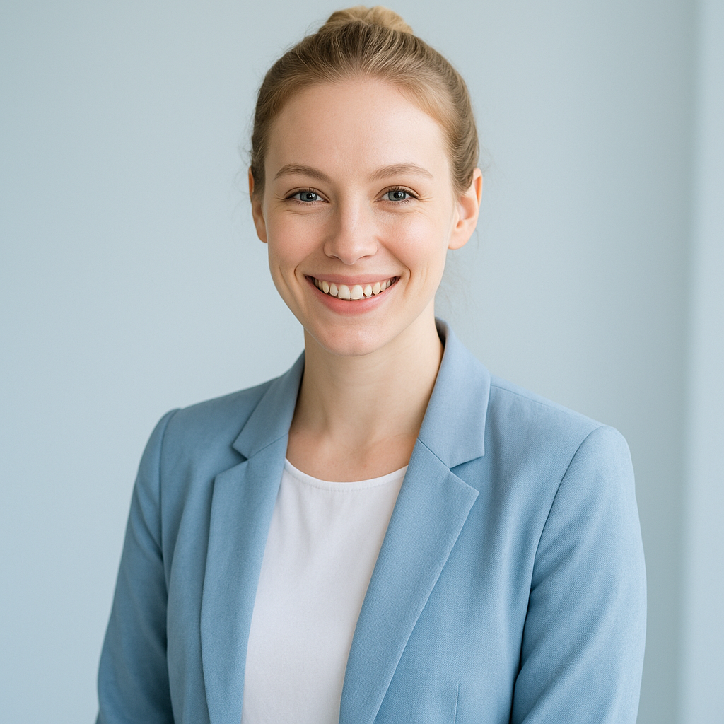 Portrait of a white female professional with blonde hair in a neat bun