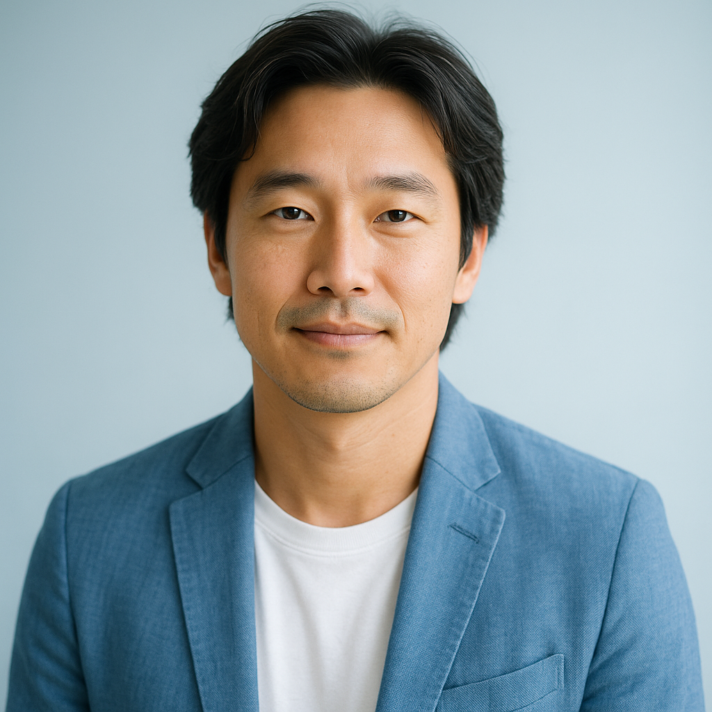 Portrait of an East Asian male professional with medium-length hair