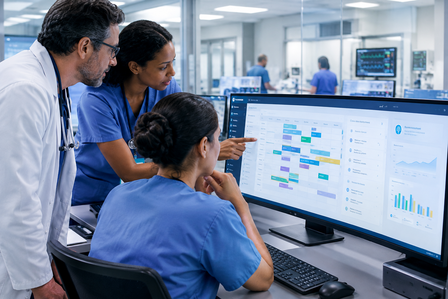 Hospital operations room with clinicians reviewing AI-assisted scheduling dashboard
