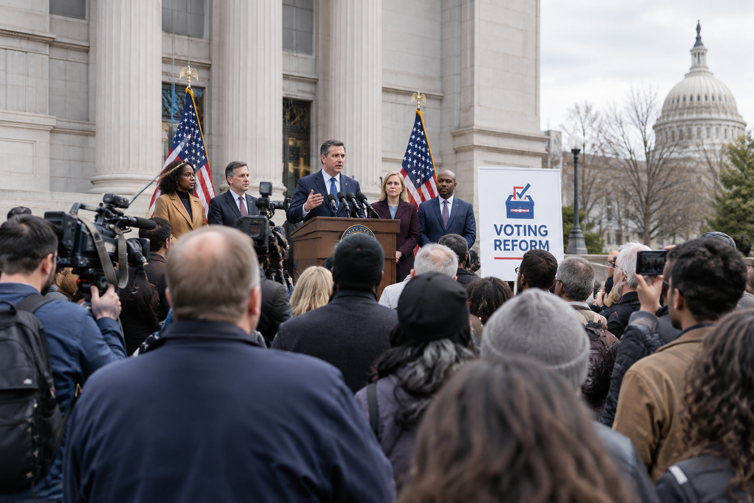 Crowd outside a civic building during a press briefing on voting reform