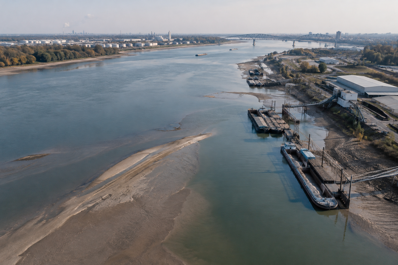 Aerial view of a wide river with low water levels near an industrial port