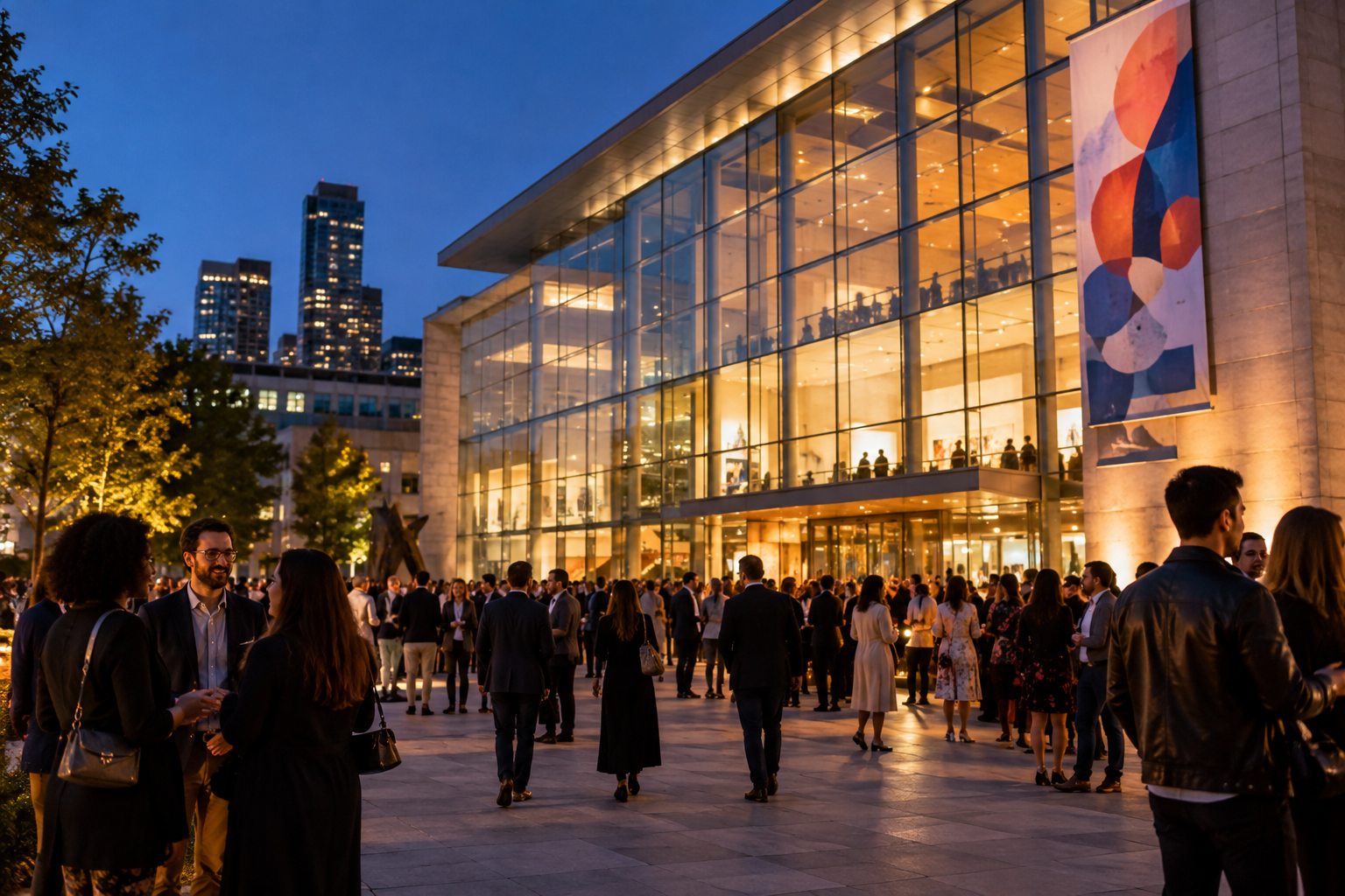 Evening crowd gathered in front of a contemporary museum with illuminated glass facade