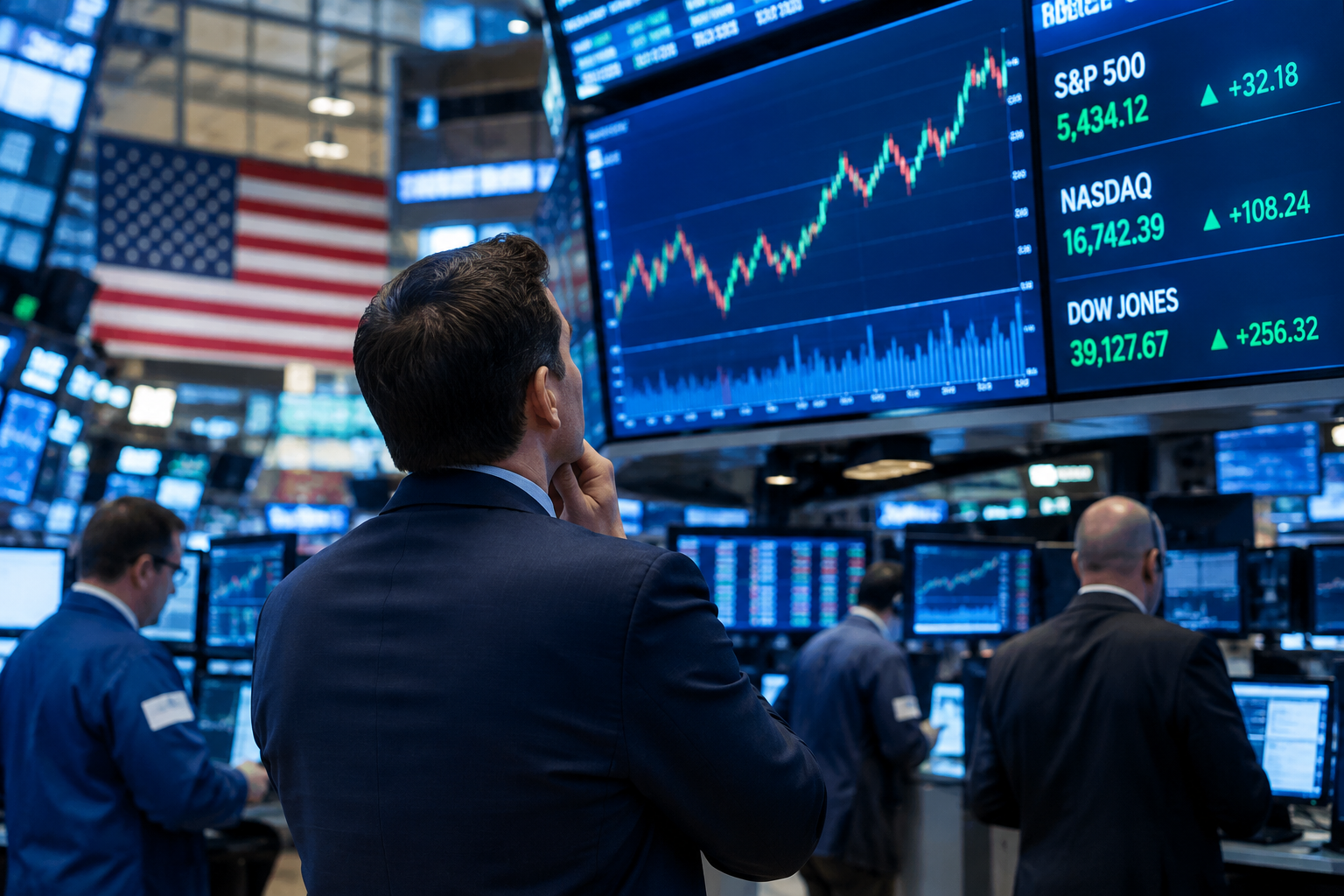 Traders watching large market screens with line charts and index numbers