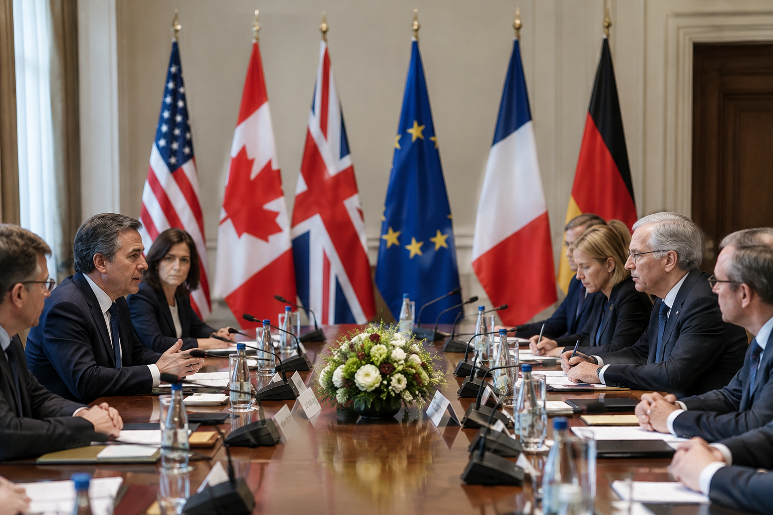 Leaders meeting at a border security summit table with flags in the background