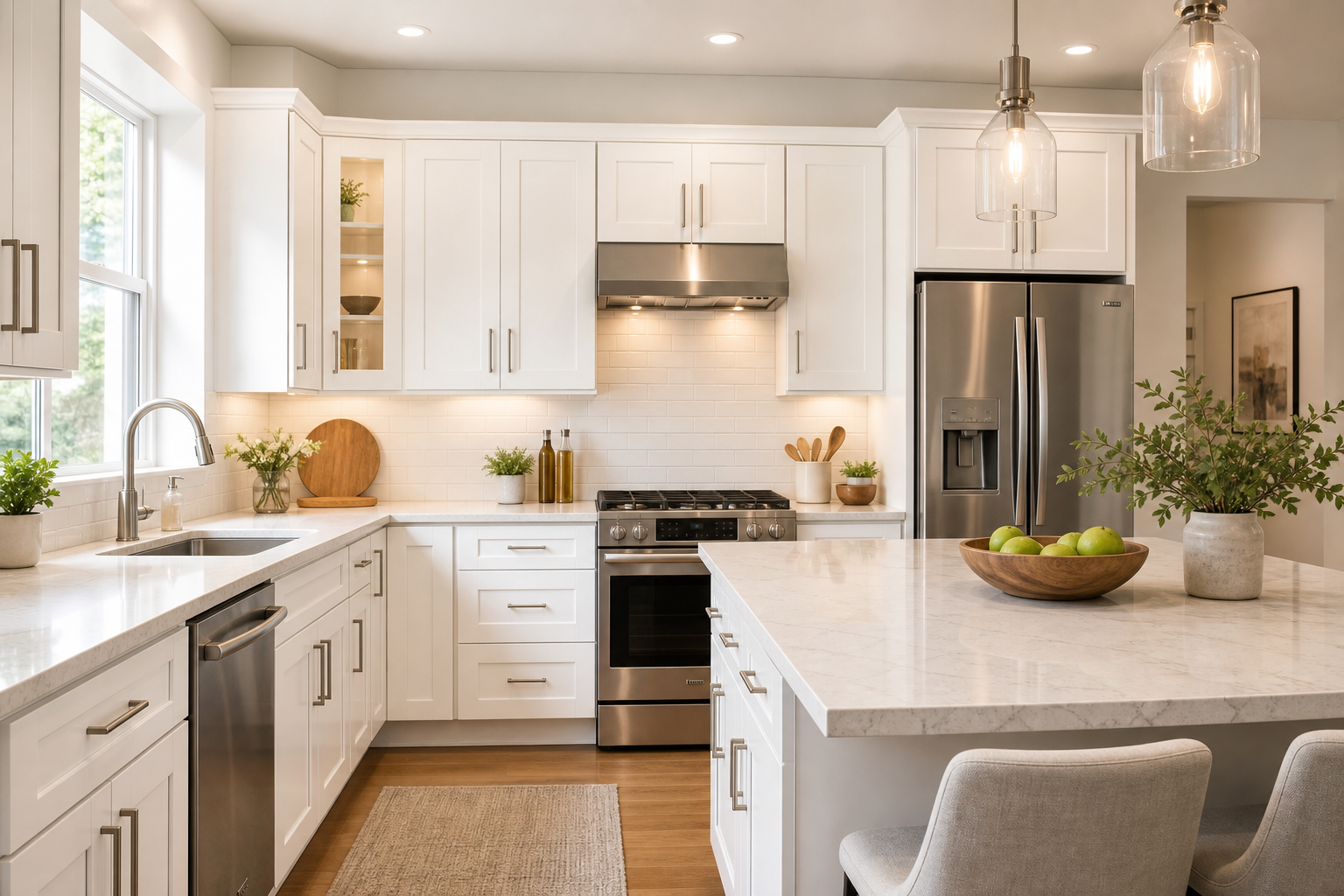 After: bright white shaker cabinets with modern hardware and a clean island