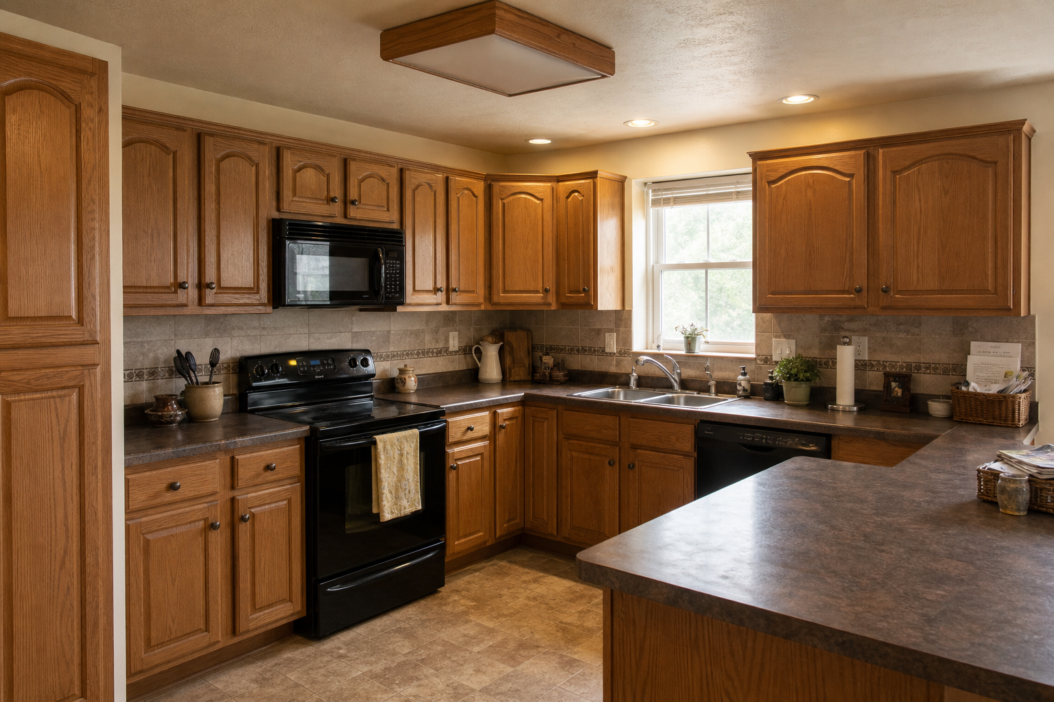 Before: outdated oak cabinets with dark countertops and muted lighting