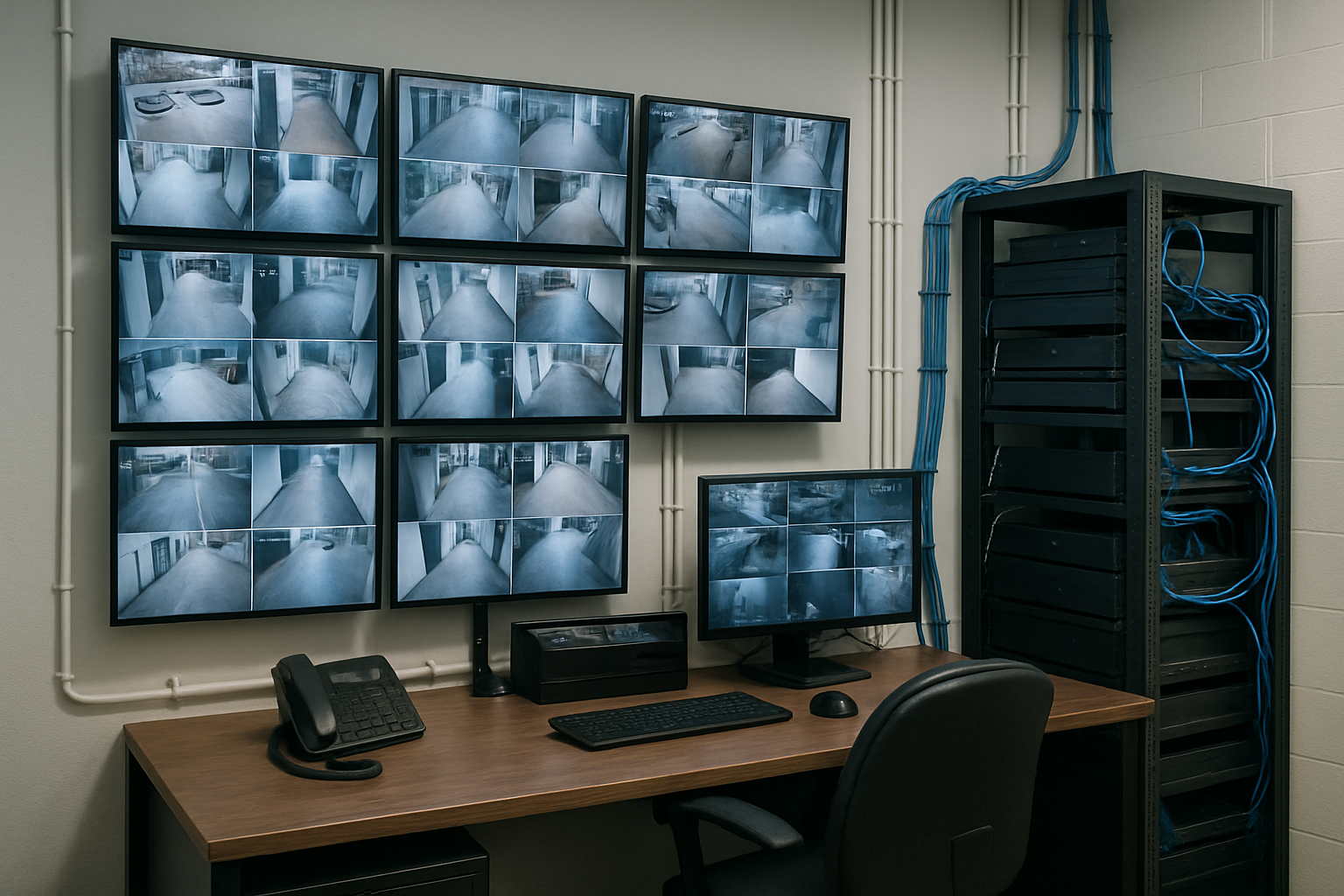 Security control room with multiple CCTV monitors, wall-mounted cameras, and structured cabling