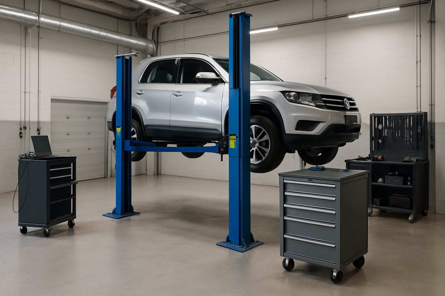 Automotive service bay with lifted vehicle, diagnostic tools, and mechanic workstation